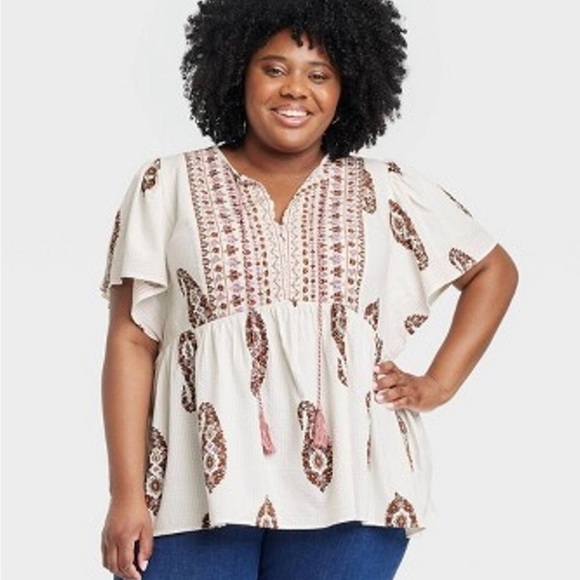 Knox Rose Tops - Knox Rose Paisley Flutter Sleeve Peasant Blouse - Size XXL